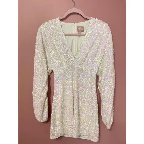 NEW Show Me Your Mumu Kidman Long-Sleeve Sequin Mini Dress in White Size Small